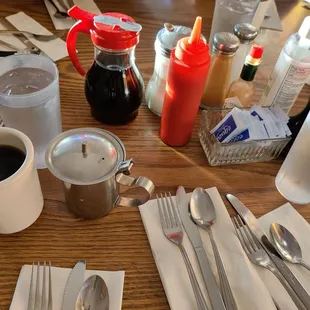 Things to note: Non-dairy creamer, sugar in a bottle, and Allen's hand sanitizer