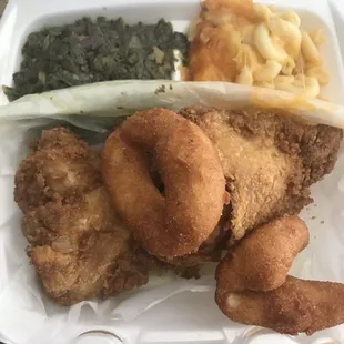 2pc fried chicken plate-dark. Mac n cheese and turnip greens with complementary hushpuppies.