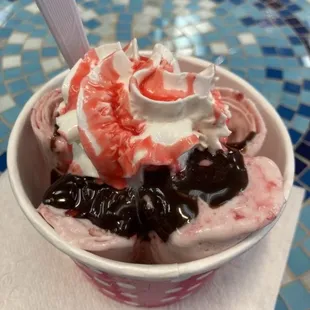 Strawberry Hot Fudge Rolled Ice Cream sundae