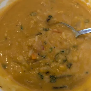 Half eaten Thai soup+ rice!!! Super good!!!