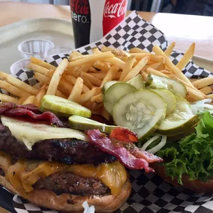 THE "AWESOME" CHEESEBURGER: a LB of char grilled meat, bacon &amp; fries: $16;  But eat it fast before it sinks to the 50 deg room temperature!