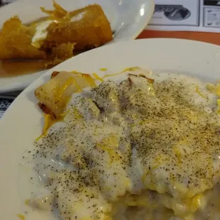 Gravy bowl and fried mush.