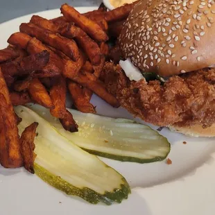 Fried chicken sandwich with sweet potato fries
