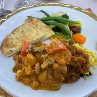 Vegan Rice Biryani Indian Butter Vegetables w/ Creamy Tomato Curry Sauce.  Vegan Indian Eggplant Bhartha Gluten-free Nann Bread