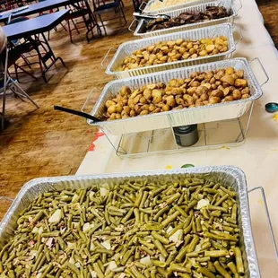a long table full of food