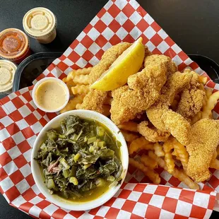 Fillet Catfish Dinner - 9 strips of catfish served w/ 1 side + hushpuppies or crinkle fries (collard greens and fries pictured)