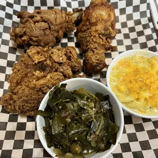 Fried chicken, Mac &amp; collard greens