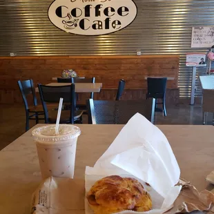 a croissant and iced coffee