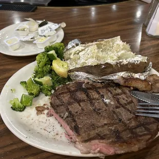 16 ounce ribeye. Loaded baked potato. Broccoli melody. 20 bucks! Seriously? What a deal. And it&apos;s very good.
