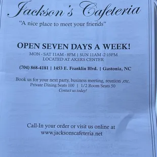 Jacksons Cafeteria food and menu