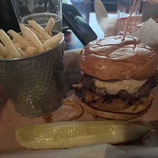 Blackened juicy Lucy and fries