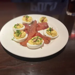 Appetizer  Deviled Eggs with Spiced Pecans &amp; Sugar Cured Bacon