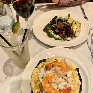 Shrimp and Crab Mac &amp; Cheese and Hanger Steak