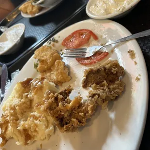 Catfish, chicken liver, and mashed potatoes