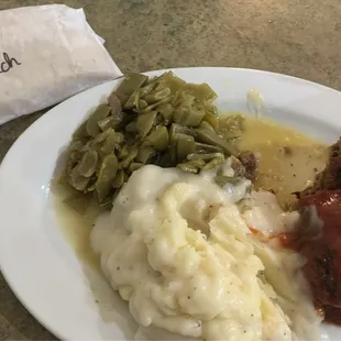 Amish peach hand pie, green beans, meatloaf, and mashed potatoes with white gravy