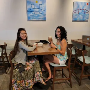 two women sitting at a table