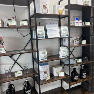 shelves of coffee and coffee products