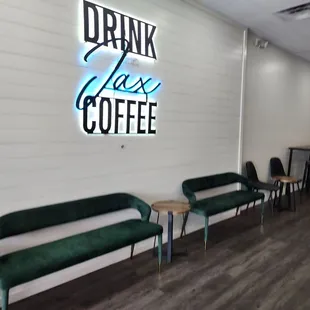 Signage and seating area