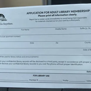 Adult form for library card