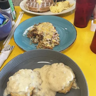 Waffle, hash browns, and biscuits and gravy