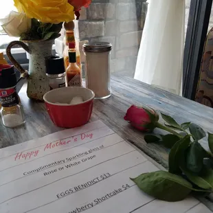 Special Mother&apos;s day menu. Jaclyn gave a card and a rose to mothers. So thoughtful.