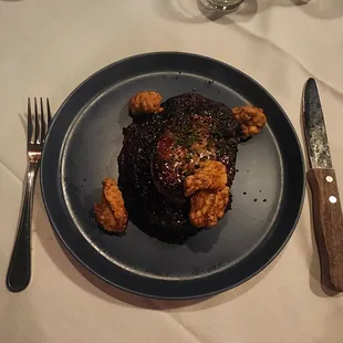 Ribeye with foie gras and fried oysters