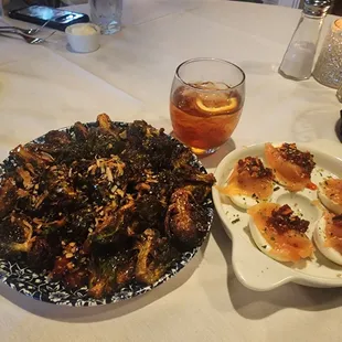 Crispy Brussels Sprouts; Deviled Eggs with Salmon; Jacmel Old Fashioned.