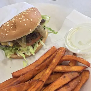 a hamburger and fries