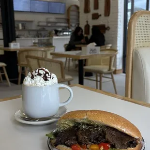 Caramel latte, steak sandwich