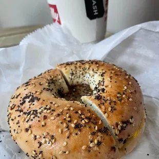 a bagel and a cup of coffee