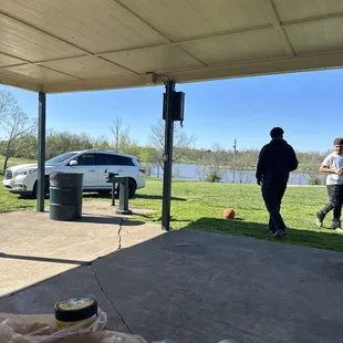 At a shelter in the park. Great views on the water