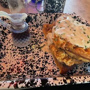 Chicken fried steak and waffles. Not too excited about gravy all over my waffles.