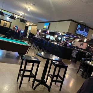 a pool table and stools