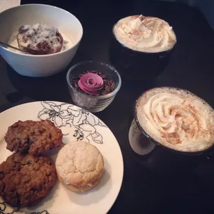 Gingerbread pecan baked oatmeal, gingerbread &amp; pumpkin spice lattes, pumpkin cookie, pear-pecan cookie, &amp; sugar cookie sandwich