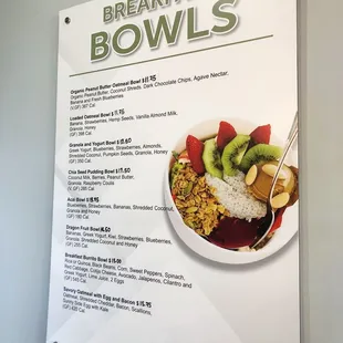 Breakfast bowls menu