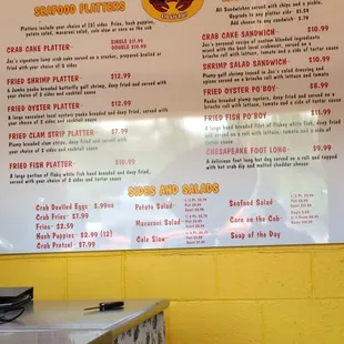 Menu in addition to Crabs