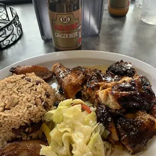 Jerk Chicken Rice and Peas and cabbage with Plantains