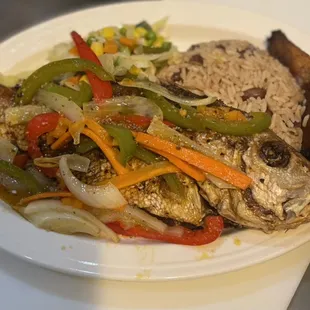 Escovitch Snapper with rice and peas