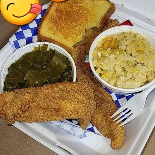 Catfish, Collard Greens and Mac and Cheese.