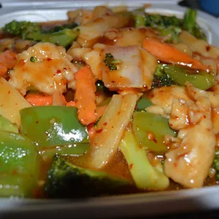 Szechuan Chicken, Spicy. Substituted breaded chicken for chicken breast, and added broccoli.