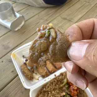 a hand holding a piece of food