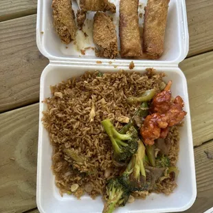 a meal in a styrofoam container