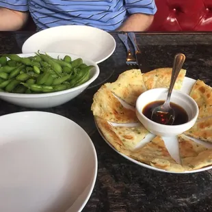 Edamame and scallion pancakes (very light and flaky! Delicious!)