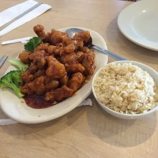 Orange chicken with fried rice....dry, plain fried rice. The chicken is really good though!