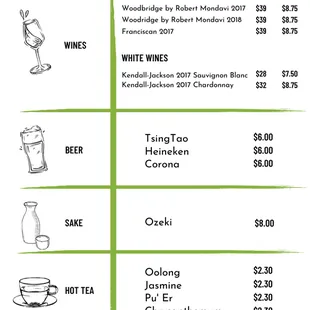 Wine + Beverages Menu as of 3/13/23