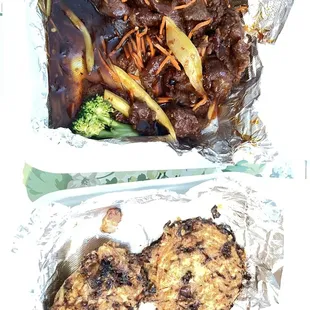 Shrimp Egg Foo Young, Hot and Spicy Crispy Beef