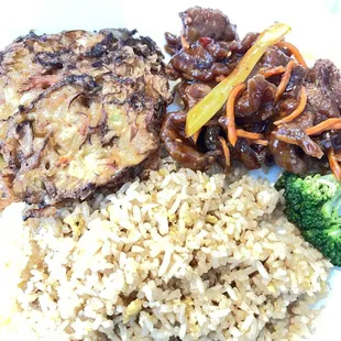 Fried rice, Shrimp Egg Foo Young, Hot and Spicy Crispy Beef