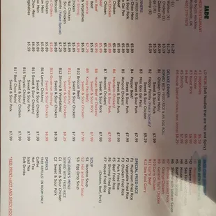 the menu of the restaurant