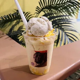 Island breakfast "halo halo" - mango, coco jelly, boba, jackfruit, evaporated milk, vanilla/mango ice cream w/rice cereal