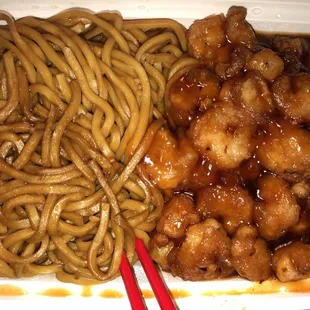 General Tso's shrimp with lo mein